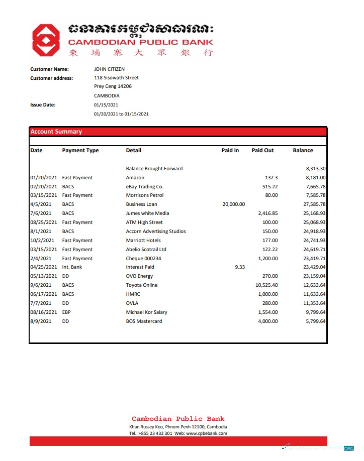Download Cambodia Cambodian Public bank statement excel Photoshop template